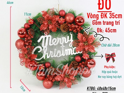 Vòng nguyệt quế Noel 4 hoa trạng nguyên kim tuyến ĐK45cm VNGQ-X-45